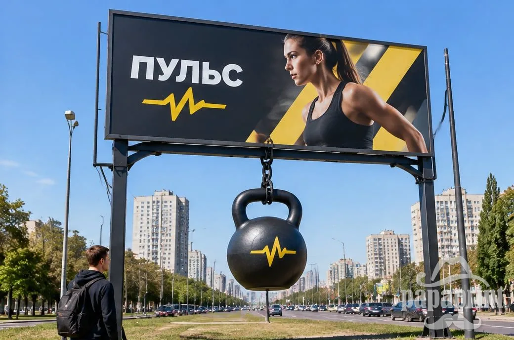 Концепт: экстендер на билборде спортзала - гиря на цепи под щитом