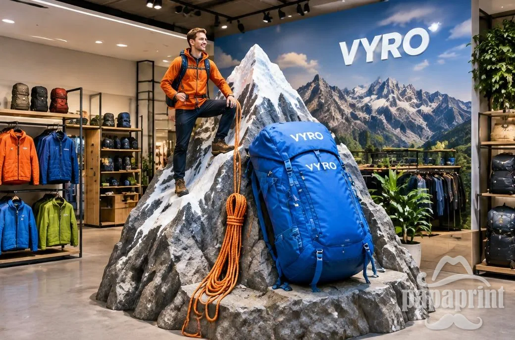 Концепт: 3D-фотозона в магазине снаряжения - вершина горы с рюкзаком и веревкой