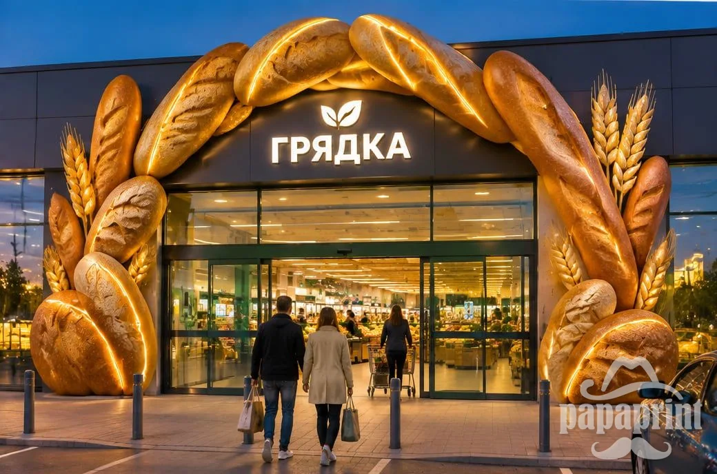 Концепт: арка из объемной выпечки и колосьев над входом в супермаркет