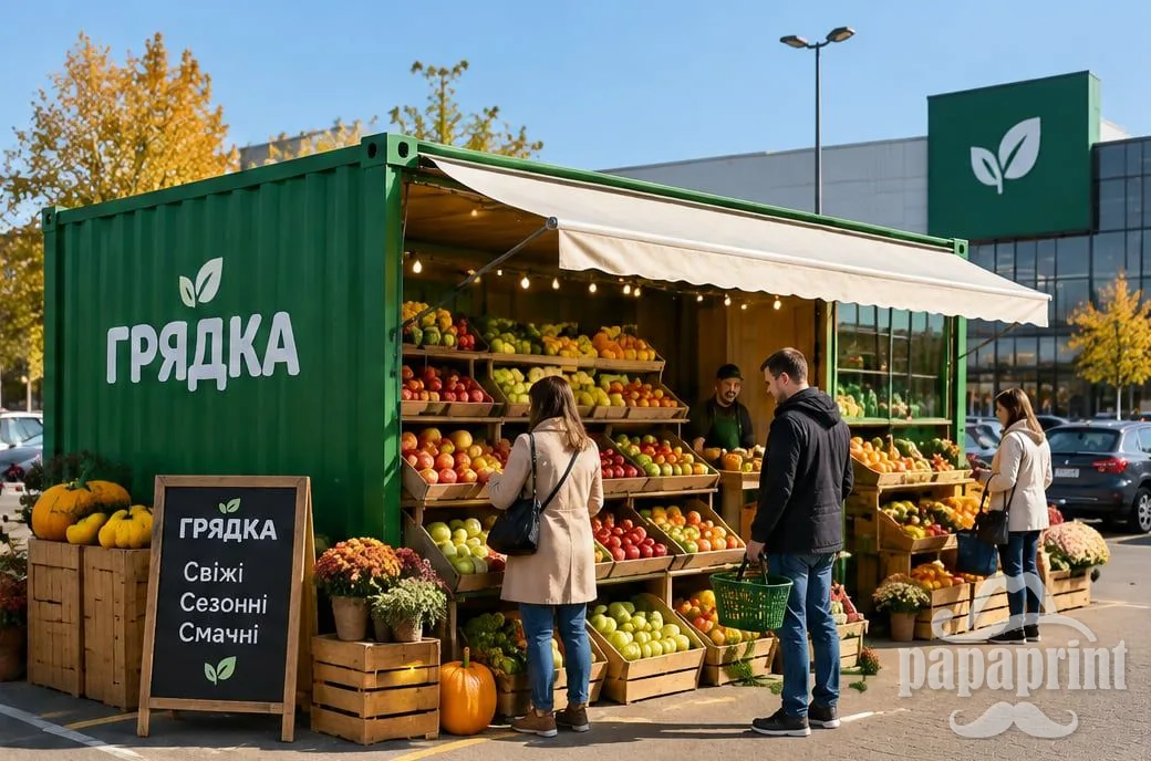 Концепт: фермерская ярмарка в контейнере у супермаркета