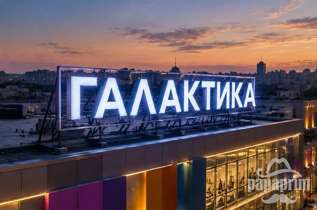 Концепт: 3D-літери з підсвіткою на даху торгового центру