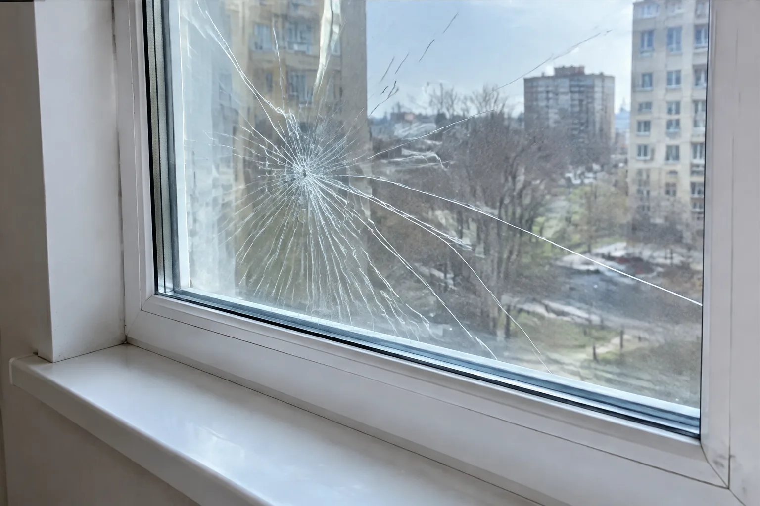 Тріснуте скло тримається в рамі на плівці, а на підвіконні немає жодного уламка
