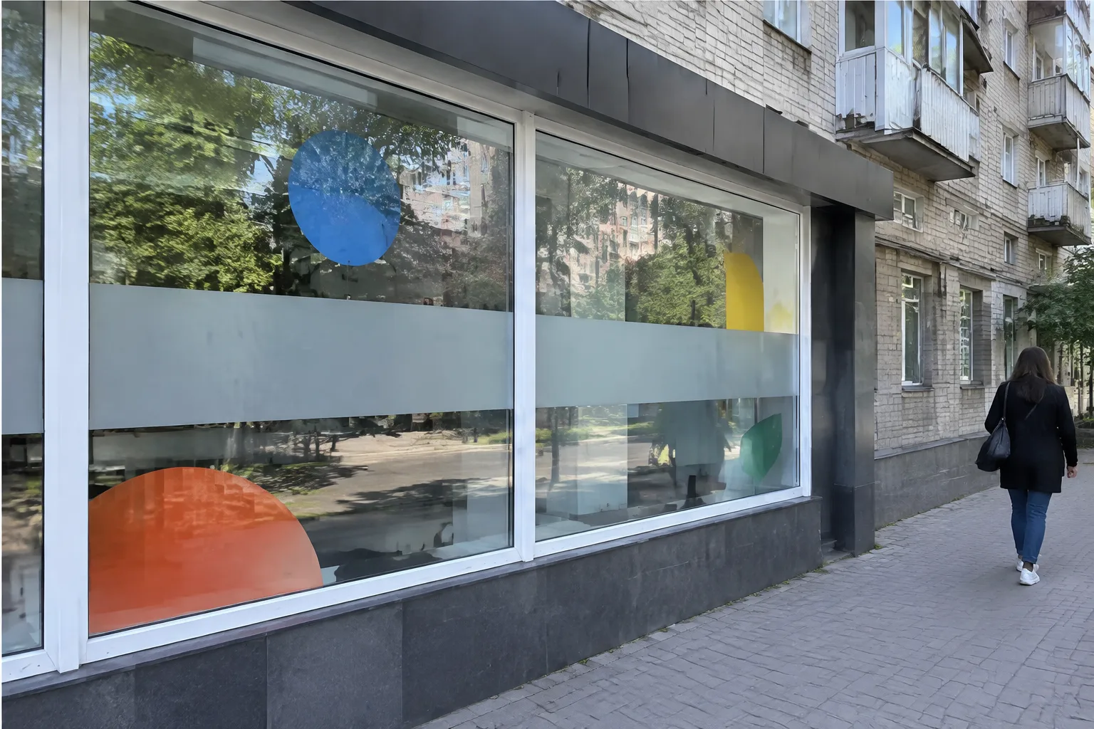 Готова вітрина: матова смуга на рівні очей і плотерна порізка на захищеному склі