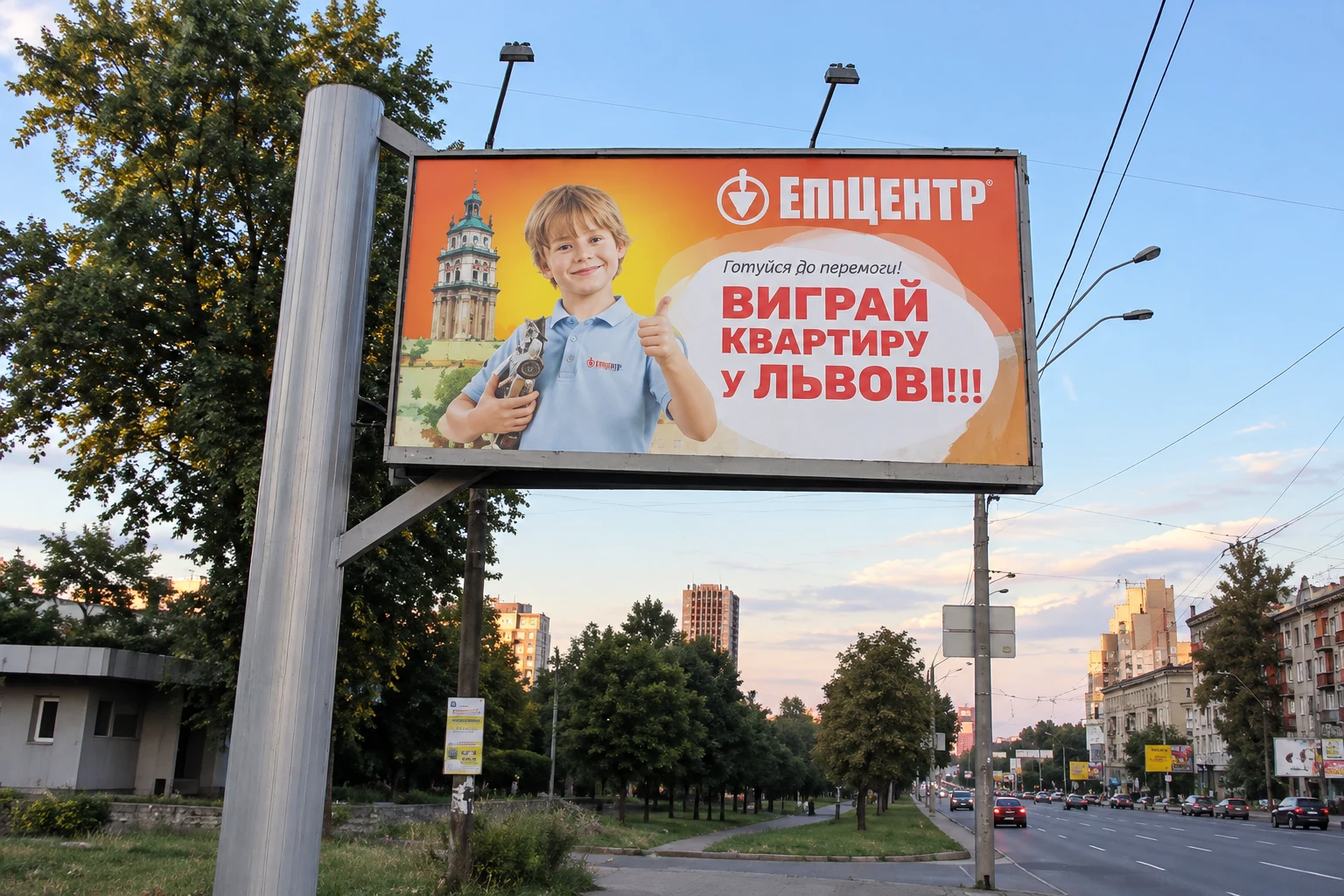 Білборд із рекламою Епіцентр на щоглі в місті