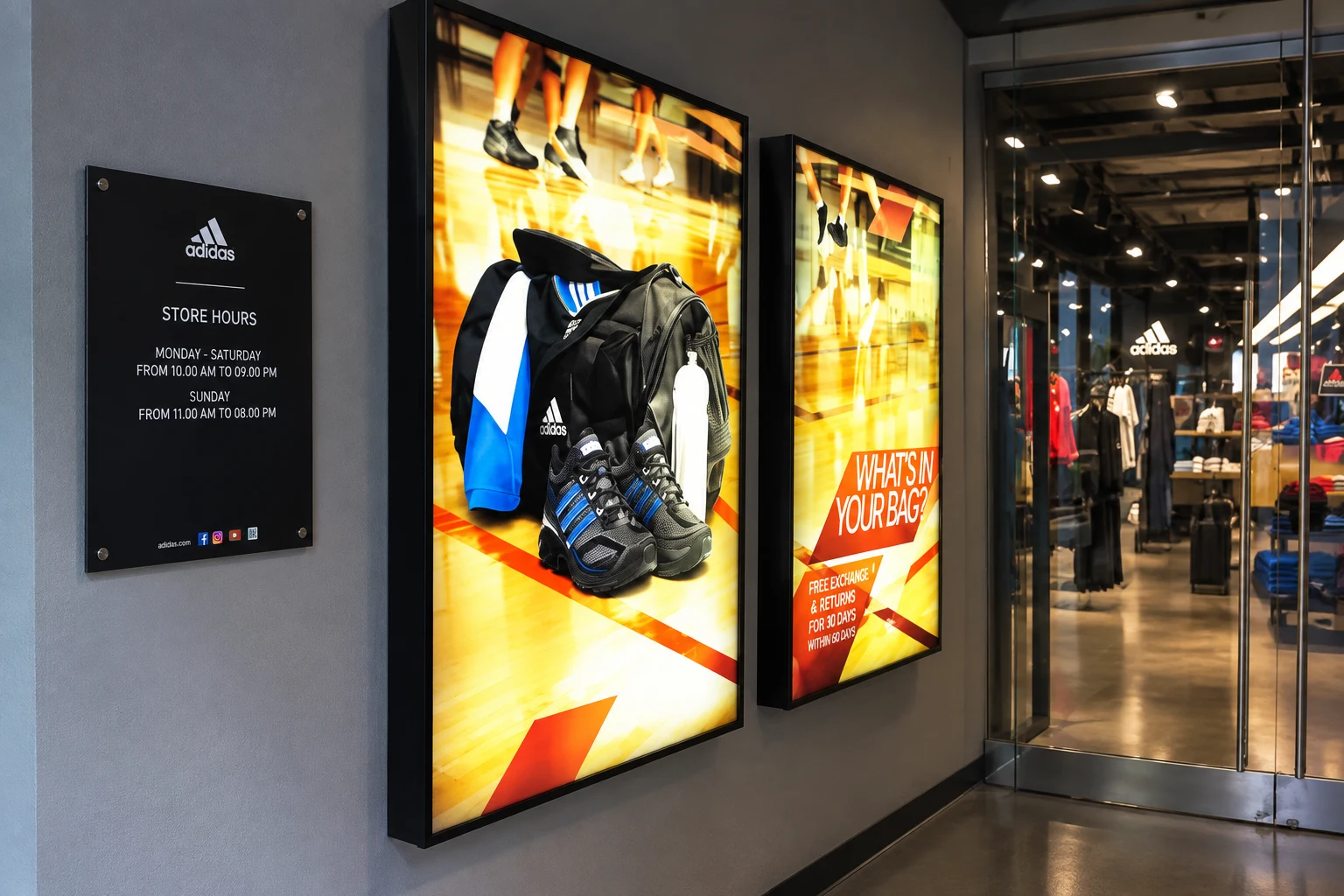 Лайтбокси з рекламними постерами в магазині Adidas, друк