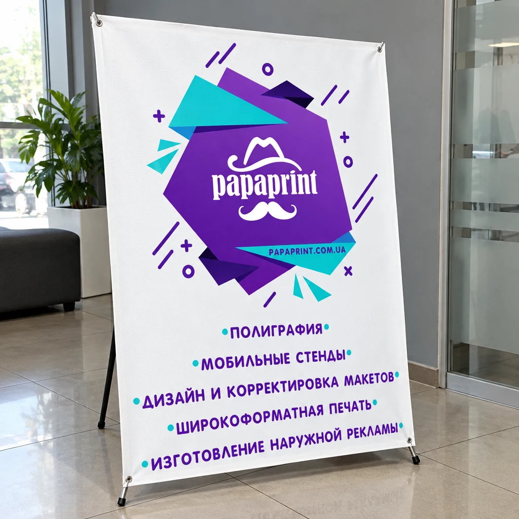 X-банер з друком Papaprint на білому полотні, фото на сірому фоні