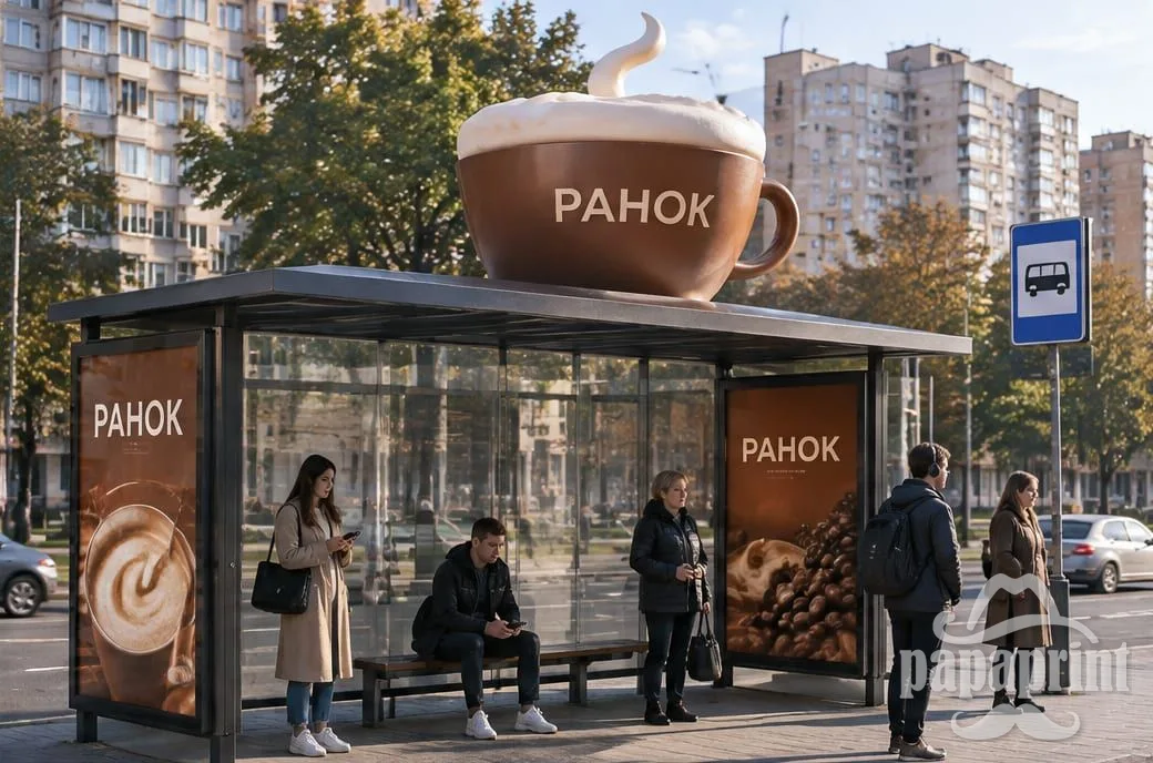 Концепт: Зупинка з гігантською чашкою кави на даху