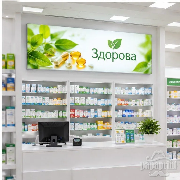 Тонкий текстильный лайтбокс на стене аптеки с белым световым полем и зелёной рекламой.