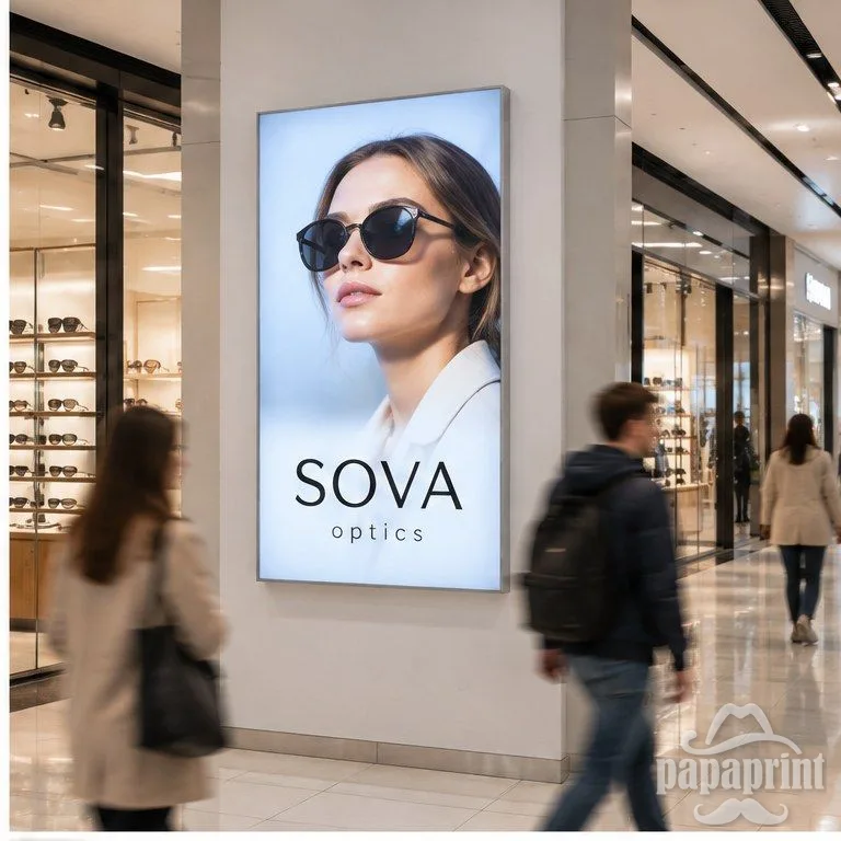 Тонкий текстильный лайтбокс на стене в торговом центре с рекламой SOVA optics