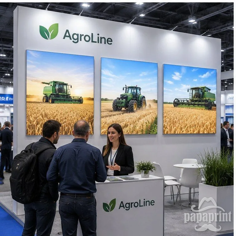 Тонкий текстильный лайтбокс на выставочном стенде с брендингом AgroLine